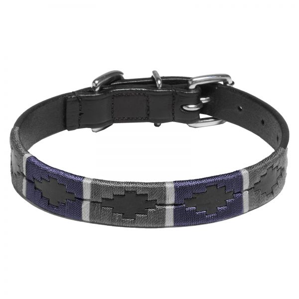 Dog Collar Buenos Aires, black, chrome fittings, Design A - blue / grey / light grey