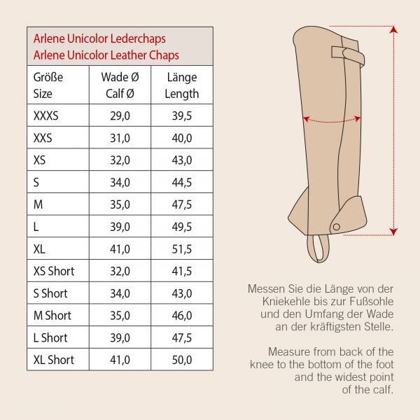 Measurements of Arlene Unicolor Chaps