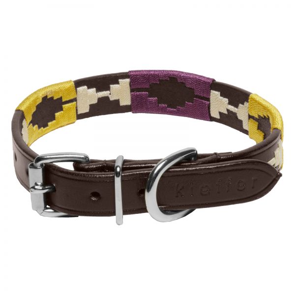 Dog Collar Buenos Aires, brown, chrome fittings, Design C - cream / yellow / burgundy
