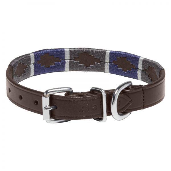 Hundehalsband Buenos Aires, braun, Chrombeschläge, Design A - blau / grau / hellgrau