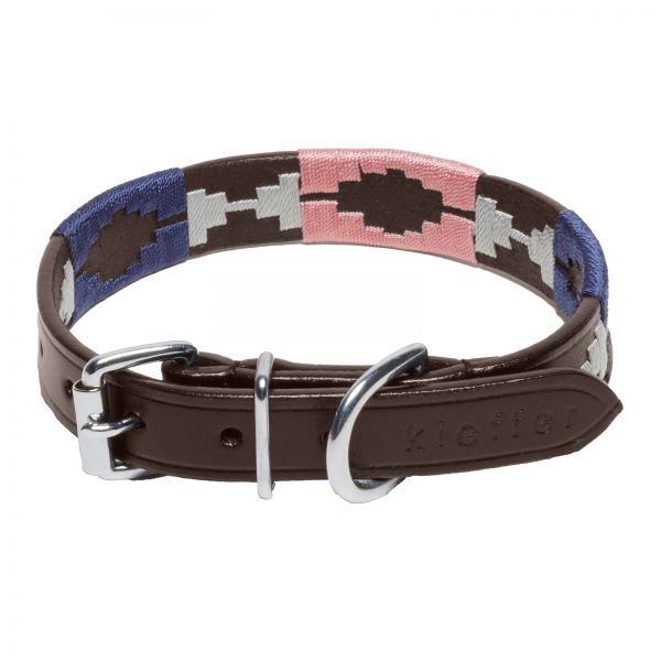 Dog Collar Buenos Aires, brown, chrome fittings, Design D - blue / grey / pink