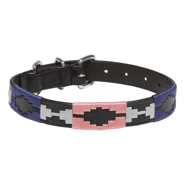 Dog Collar Buenos Aires, black, chrome fittings, Design D - blue / grey / pink