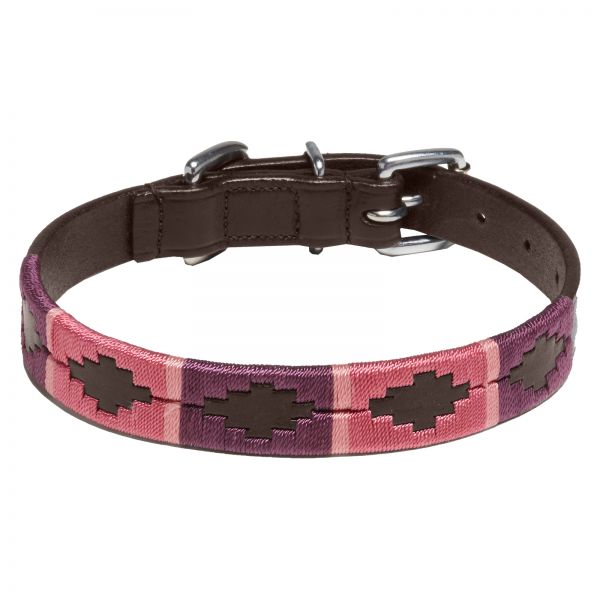 Dog Collar Buenos Aires, brown, chrome fittings, Design B - pink / burgundy / fuchsia
