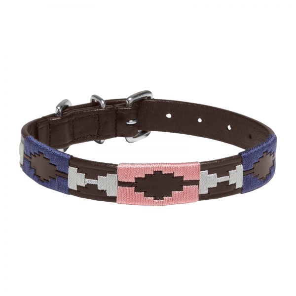 Hundehalsband Buenos Aires, braun, Chrombeschläge, Design D - blau / grau /pink