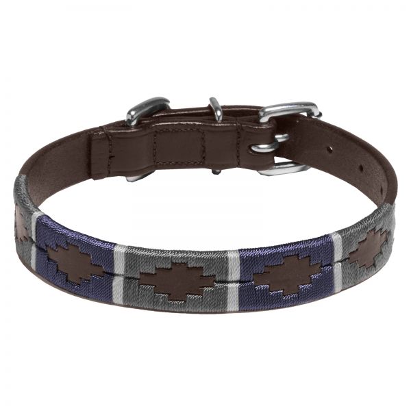 Dog Collar Buenos Aires, brown, chrome fittings, Design A - blue / grey / light grey