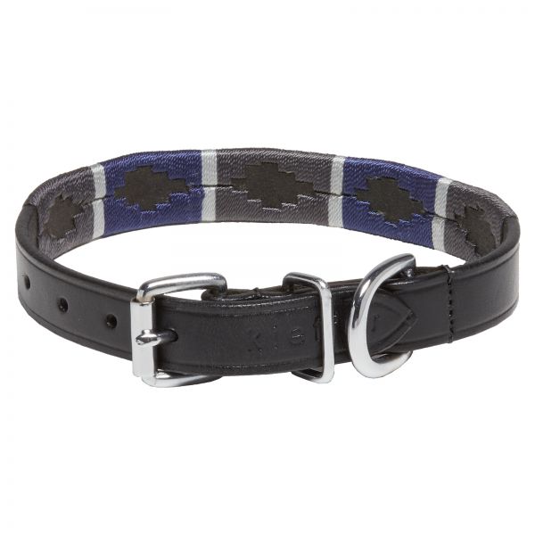 Hundehalsband Buenos Aires, schwarz, Chrombeschläge, Design A - blau / grau / hellgrau