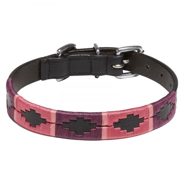 Dog Collar Buenos Aires, black, chrome fittings, Design B - pink / burgundy / fuchsia