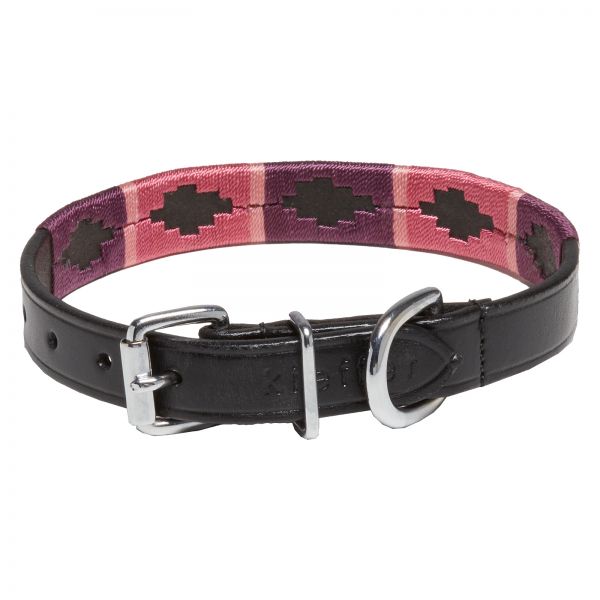 Dog Collar Buenos Aires, black, chrome fittings, Design B - pink / burgundy / fuchsia