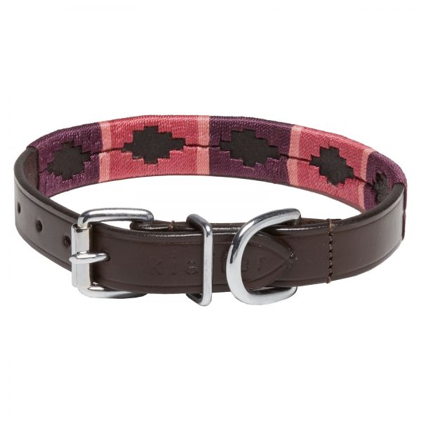 Dog Collar Buenos Aires, brown, chrome fittings, Design B - pink / burgundy / fuchsia