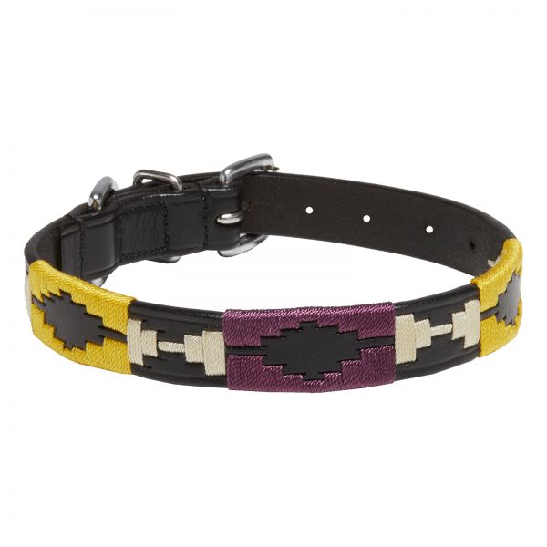 Dog Collar Buenos Aires, black, chrome fittings, Design C - cream / yellow / burgundy