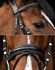 Detailfotos von Genickstück und Reithalfter der Trense Vera
