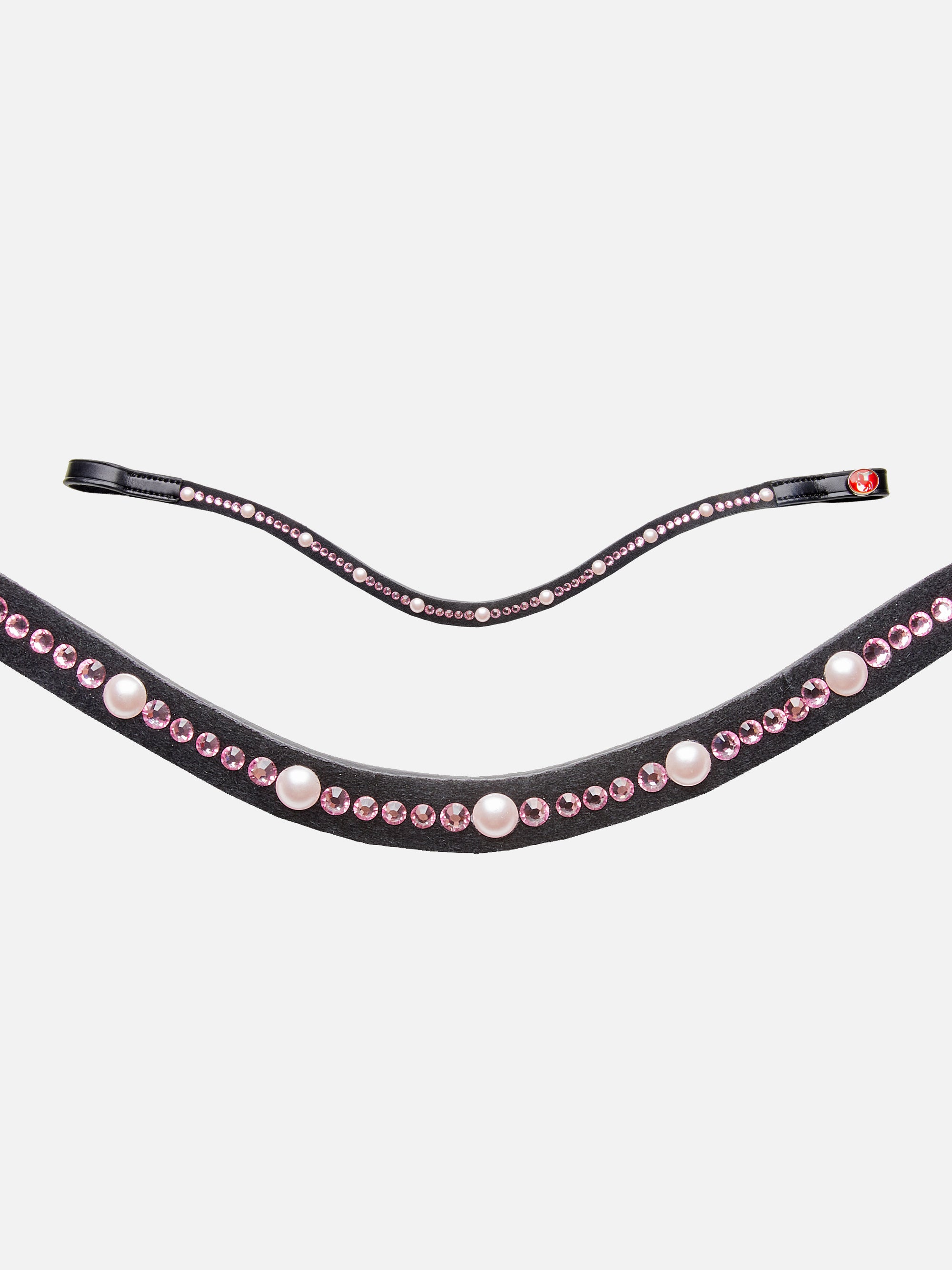 Detailfoto Trense Priya in Schwarz mit Chrombeschlägen: geschwungenes Stirnband mit rosafarbenen Swarovski® Kristallen